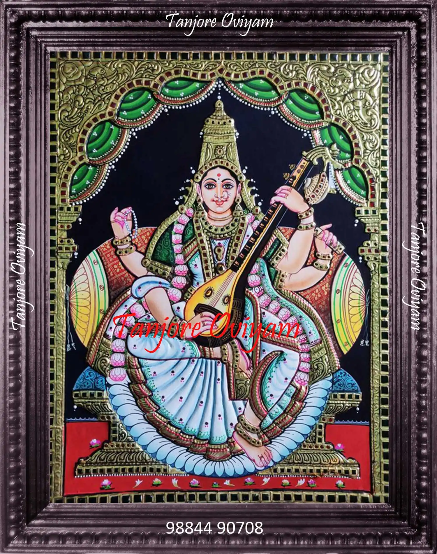 Handcrafted Saraswathi Ji Tanjore painting with veena and gold foil detailing